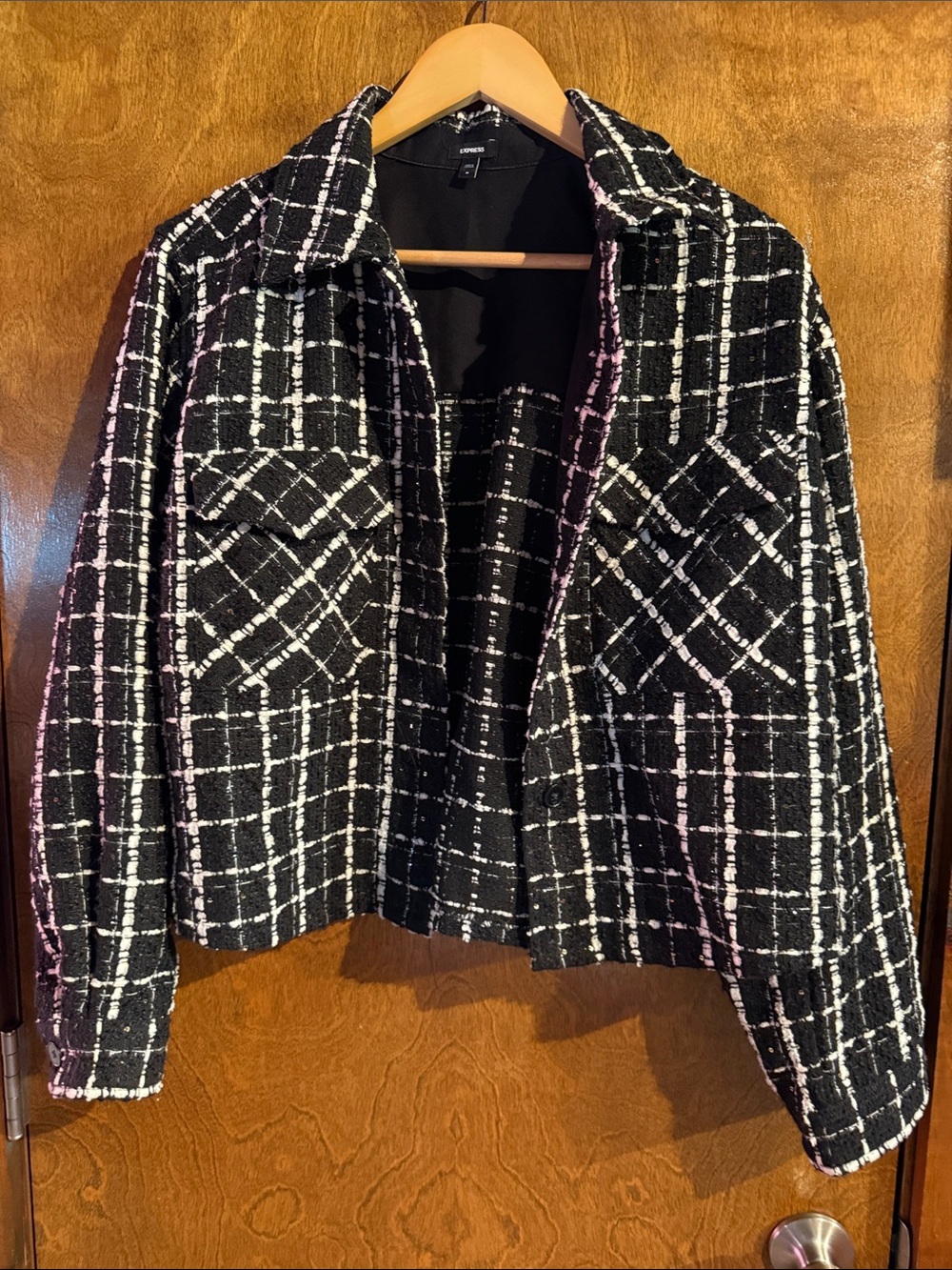 Express Black & White Checked Bouclé Blazer Jacket